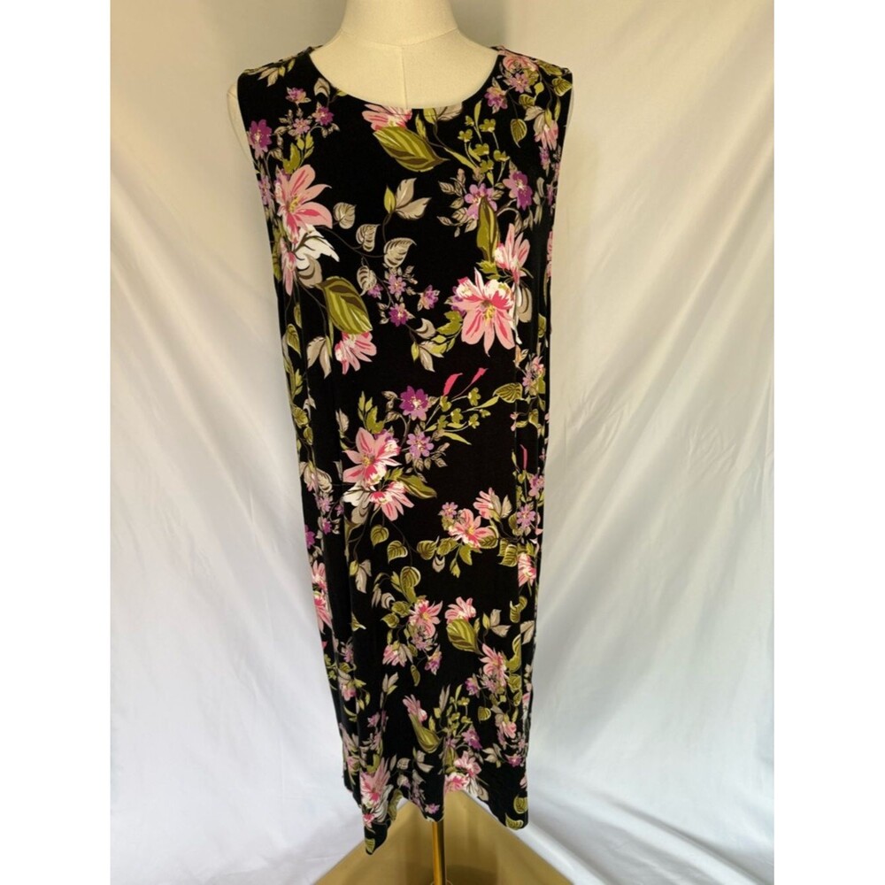 J. Jill Wearever Floral Print Knit Tank Dress Black Pink XL Knee Length Travel
